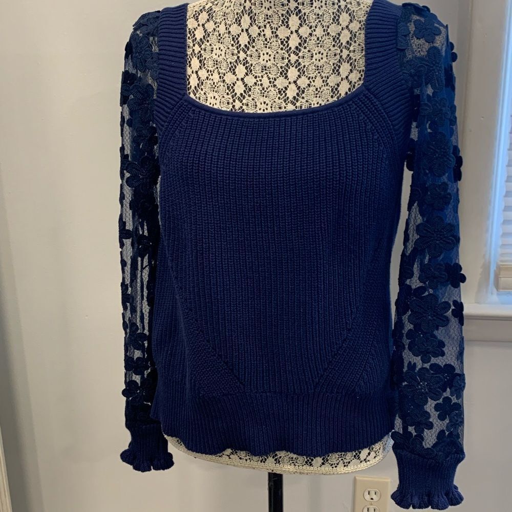 Industry Women's Blue Sweater with Lace Sleeves